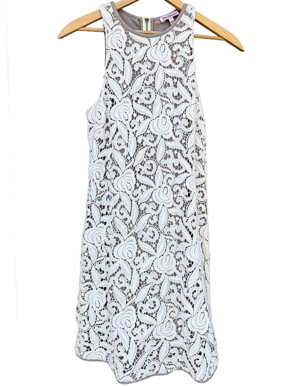 Juicy Couture EUC Angel Guipure Lace Mini Shift Dress Nude White Size 0 Sexy